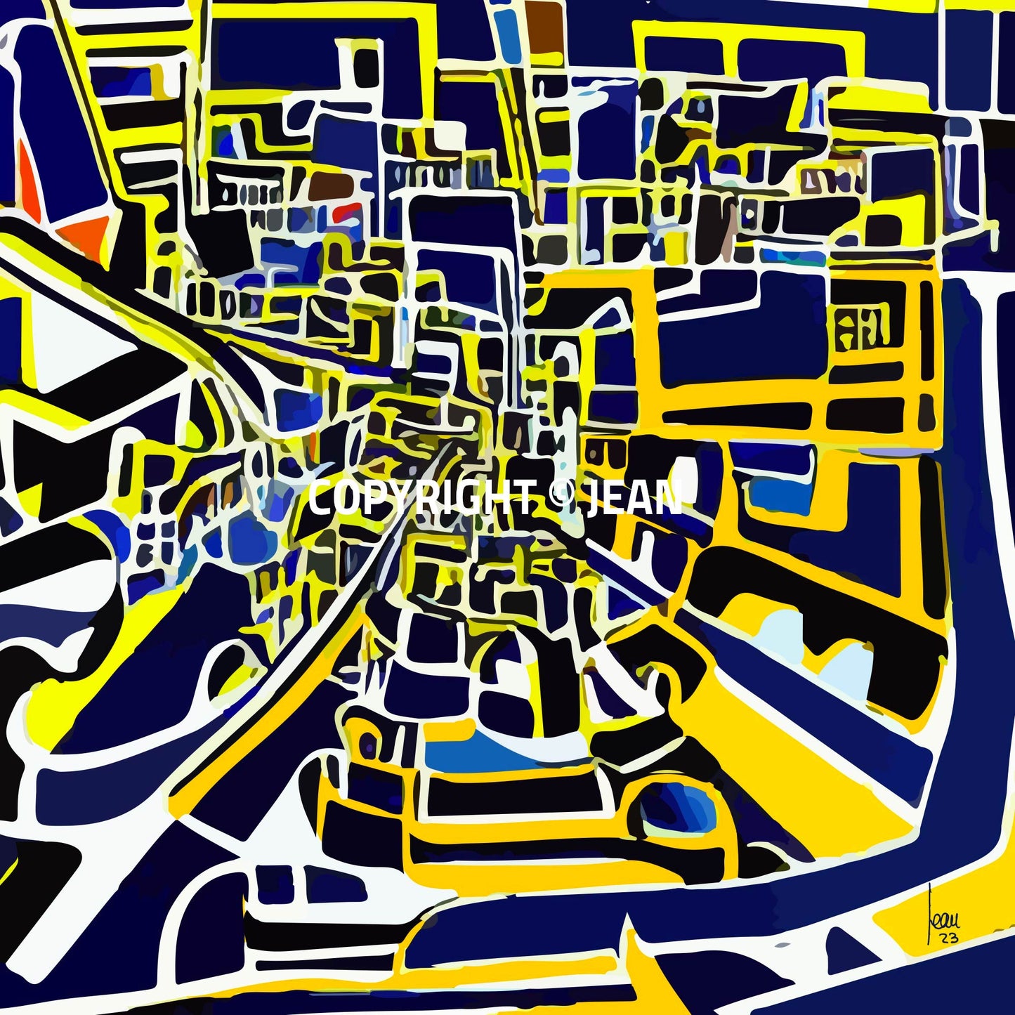 "Le Centre Ville" tirage d'art haut de gamme. Art contemporain abstrait et achat en ligne, labyrinthe ville bleus et jaunes