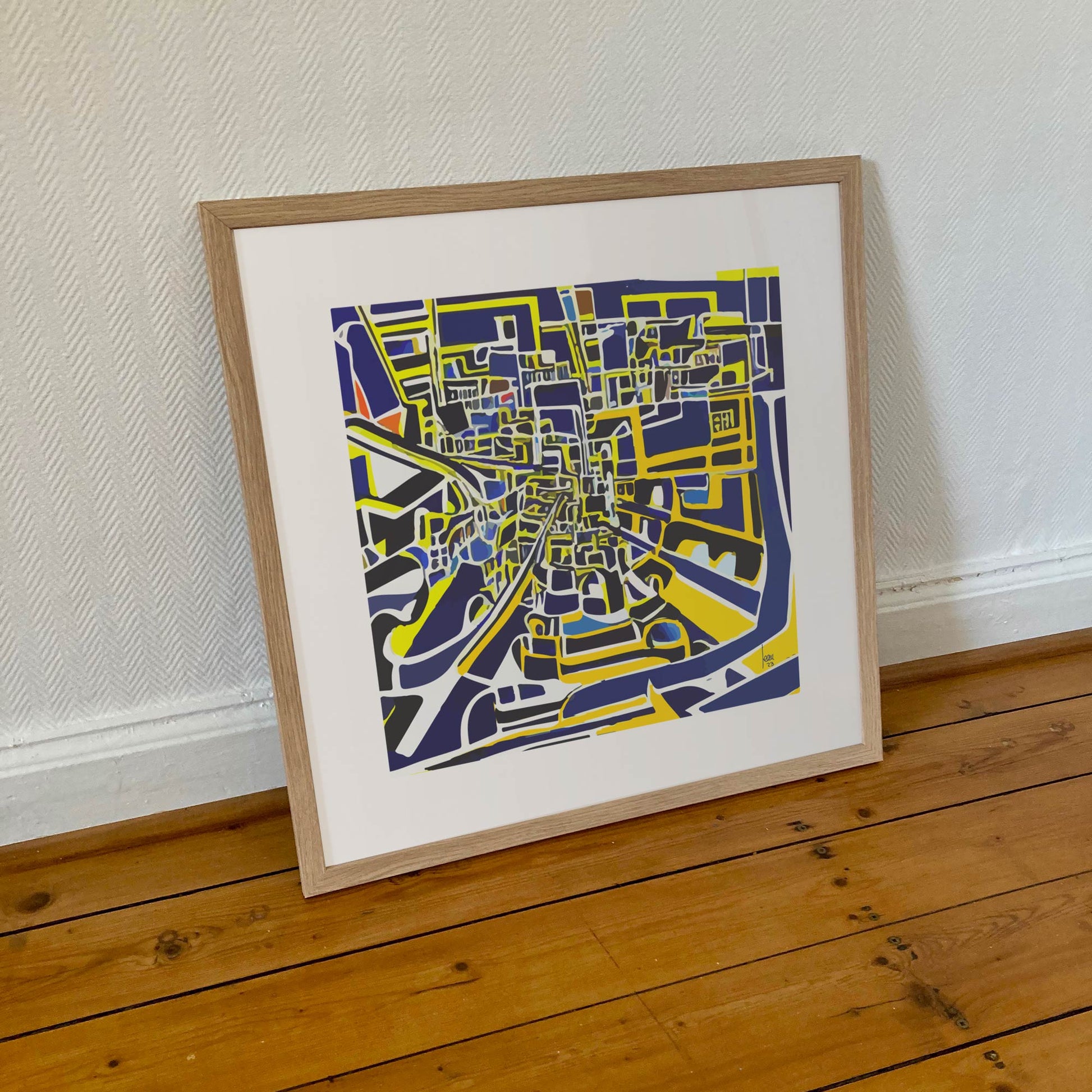 "Le Centre Ville" tirage d'art encadré 50x50cm, papier haut de gamme. Art contemporain abstrait et achat en ligne, labyrinthe ville couleurs bleus et jaunes