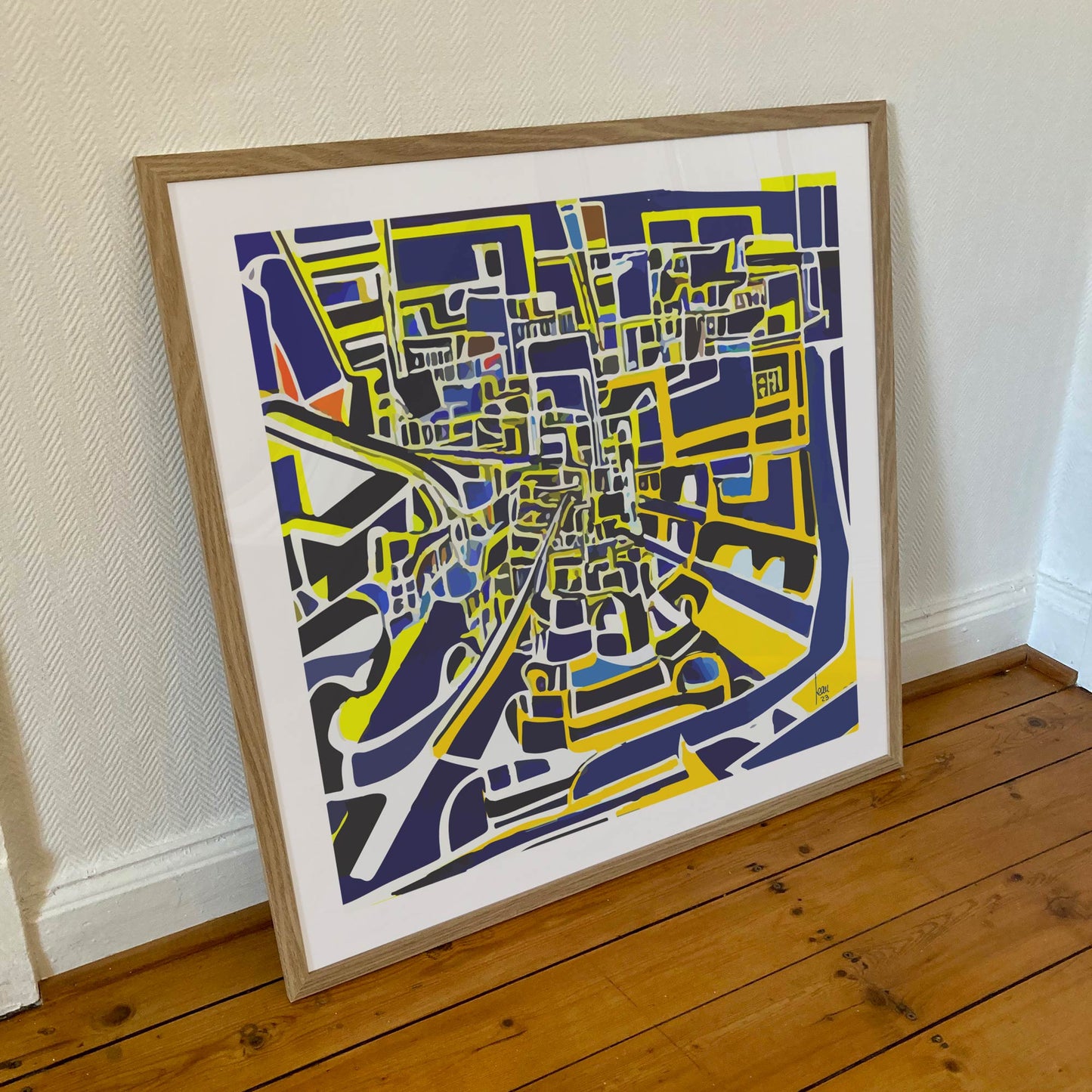 "Le Centre Ville" tirage d'art encadré 70x70cm,  papier haut de gamme. Art contemporain abstrait et achat en ligne, labyrinthe ville couleurs bleus et jaunes