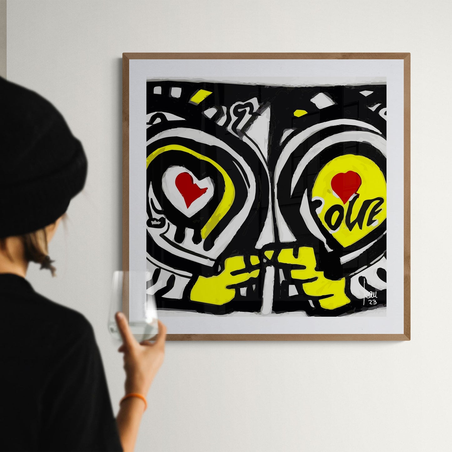 Mon ouevre "Le Lien" encadré, art contemporain exposé dans une galerie d'art