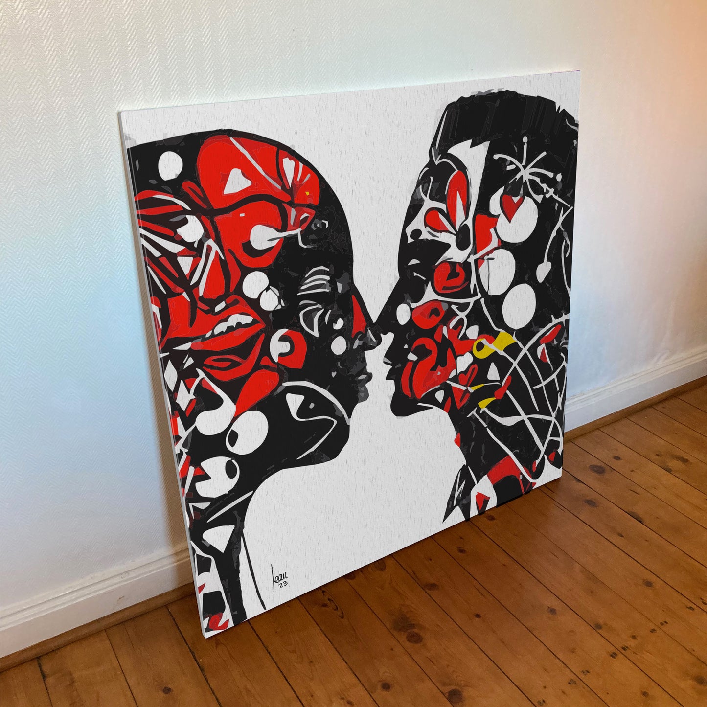 Nos Face à Face, tirage d'art sur toile et châssis 100x100cm, qualité haut de gamme. Art contemporain abstrait et achat en ligne, portraits couple noir et rouge