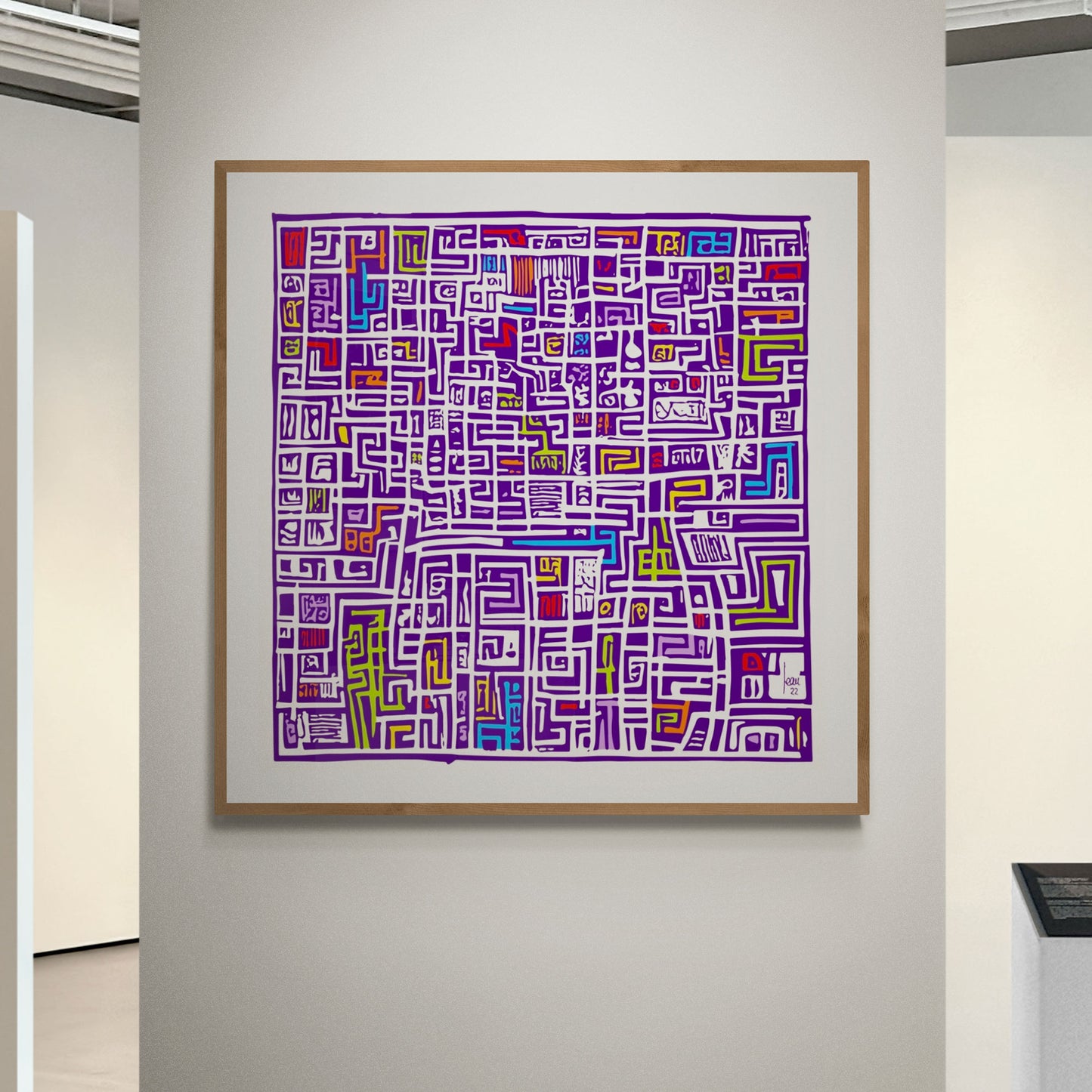 Tableau abstrait "Silicium" exposé encadré dans une galerie d'art- Tirage d'art premium idéal pour une décoration moderne et minimaliste