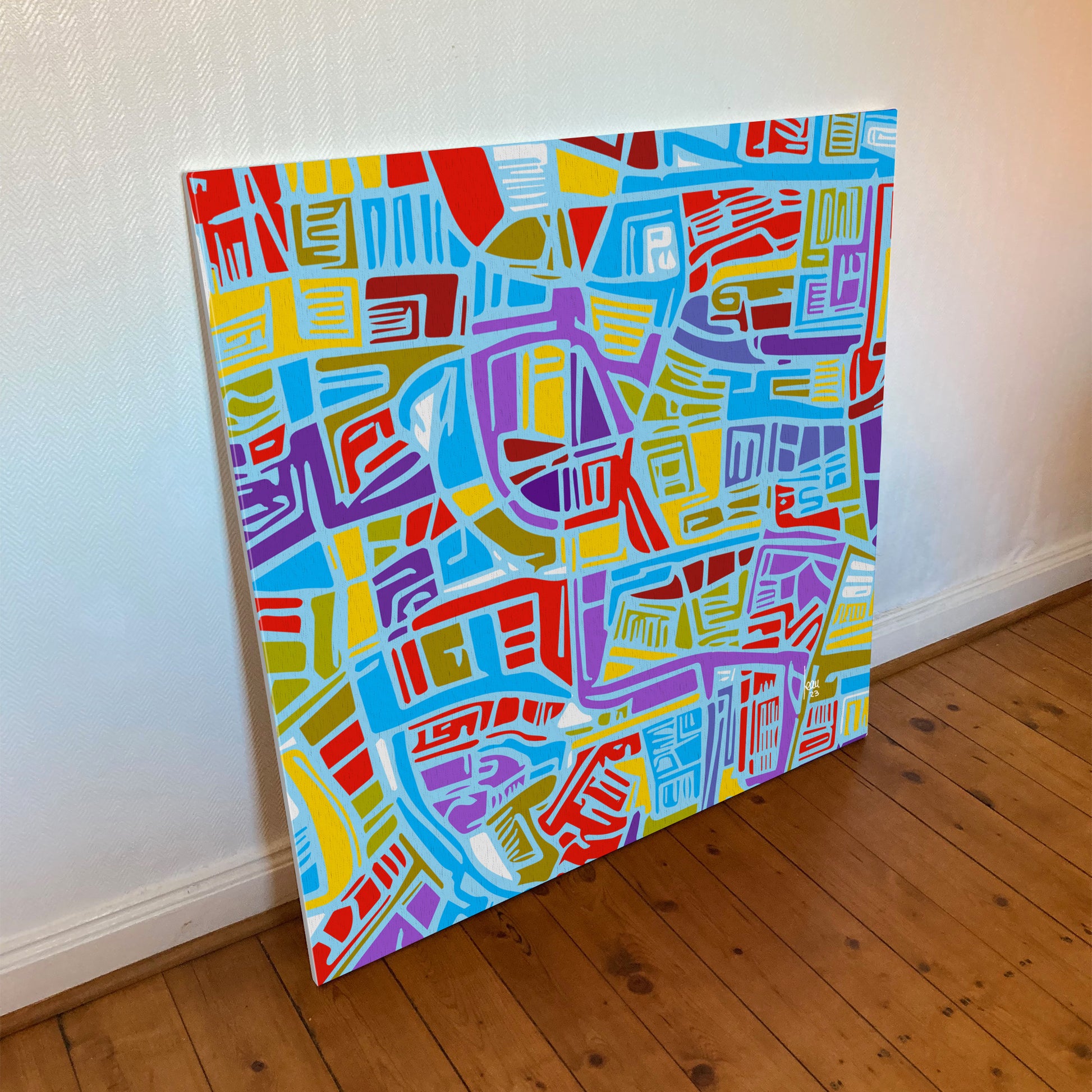 "La Cité Bleue", tirage sur toile et châssis bois format 100cmx100cm. Tirage haut de gamme. Art contemporain abstrait et achat en ligne. Labyrinthe coloré