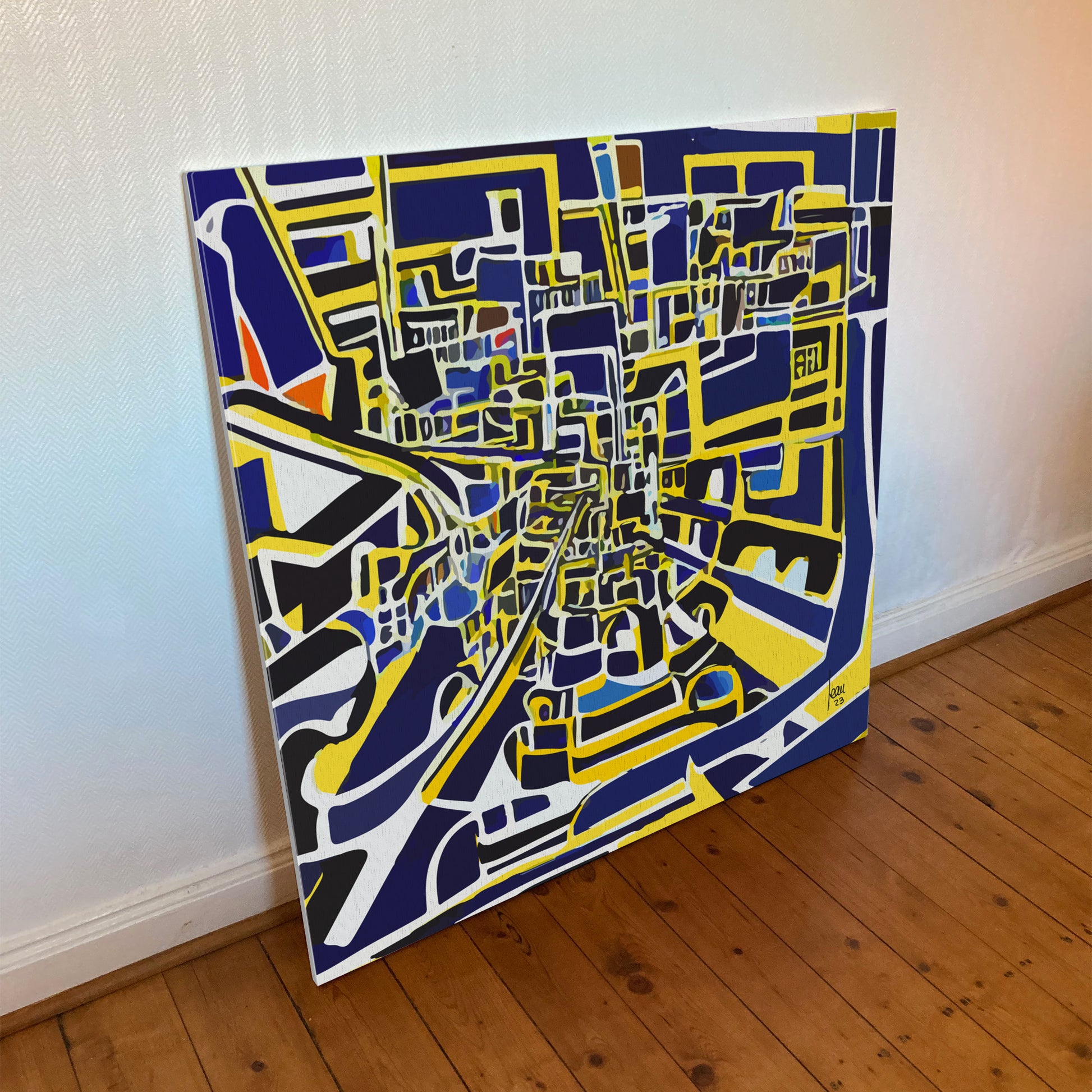 "Le Centre Ville" tirage d'art sur toile et châssis bois 100x100cm, tirage haut de gamme. Art contemporain abstrait et achat en ligne, labyrinthe ville couleurs bleus et jaunes