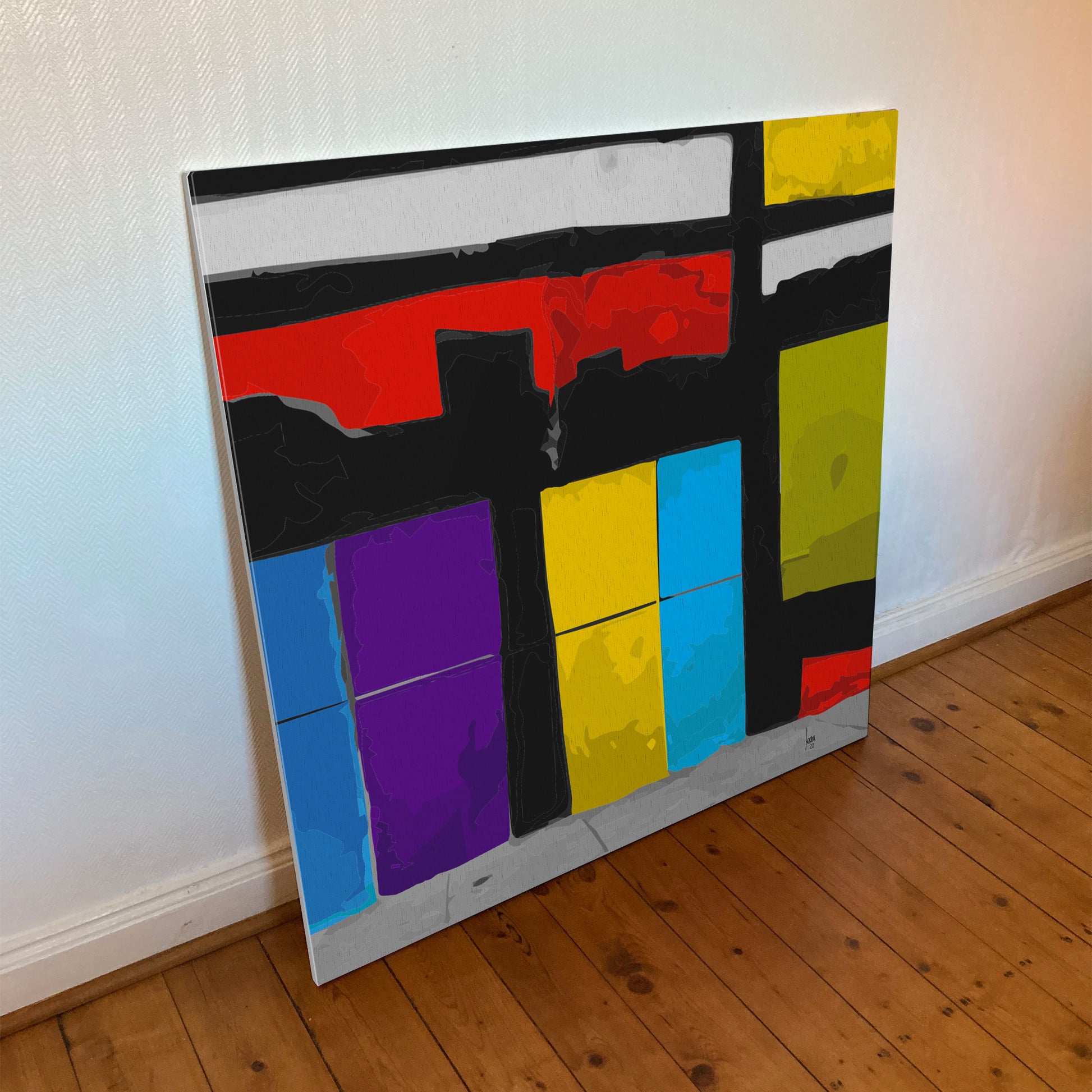 "Les Vitrines" tirage d'art sur toile et châssis bois 100x100cm, qualité haut de gamme. Art contemporain abstrait et achat en ligne, des vitrines colorées